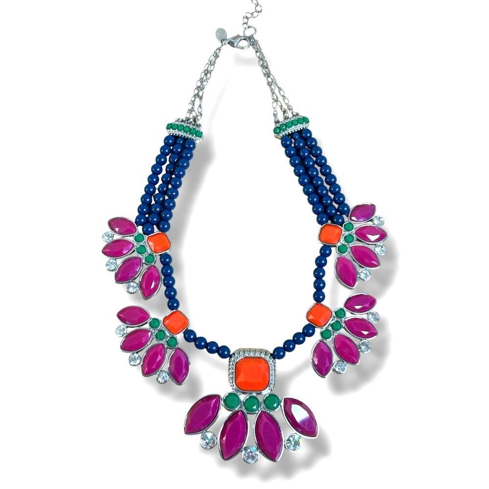 Lia Sophia Retired Flamenco Bib Statement Necklace Silver Tone Colorful